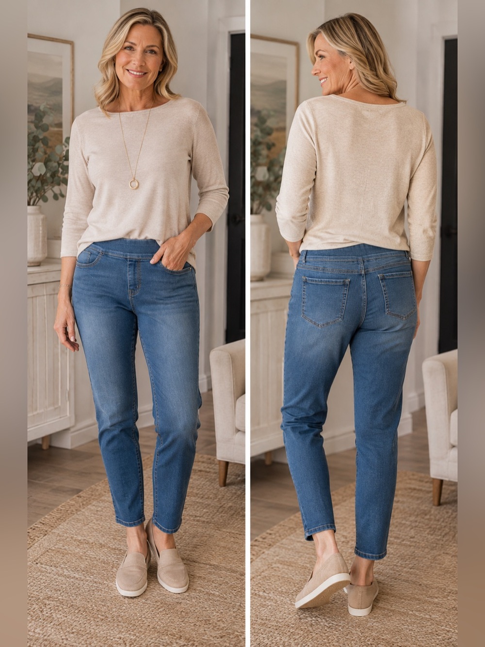 Denim & Co Pull-On Jeans Women’s 12P Blue Stretch Slim Straight Leg Petite